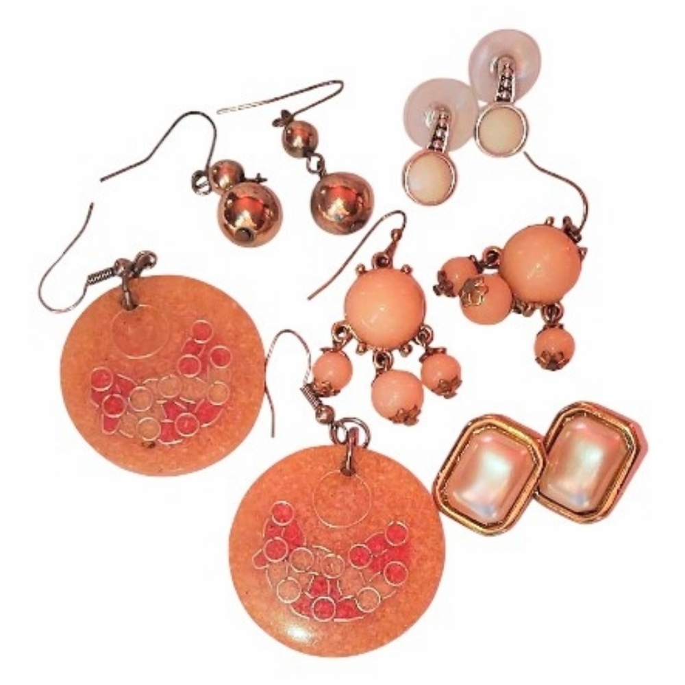 Five Pair Of Spring Earrings Pink White Gold Silver Stud & Dangle